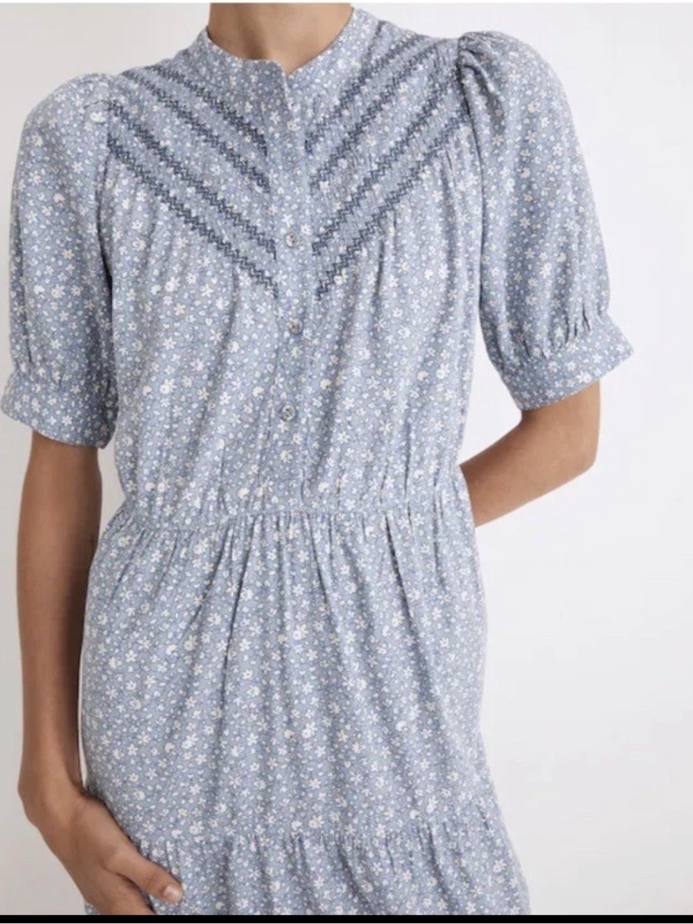 Madewell Midi Dress Embroidered Puff Sleeve Blue Ruffled M Cottage NH076 - Picture 4 of 15